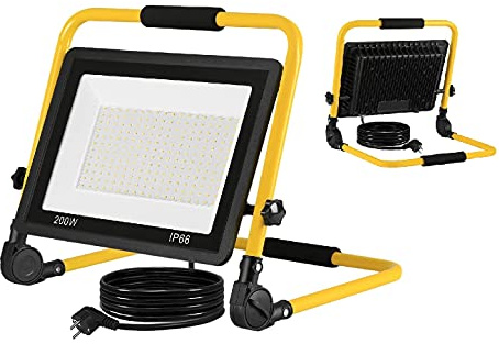 LZQ LED Flutlicht Baustrahler Tragbare 200W Warmweiß - inkl. Standgestell und Tragegriff- Außenleuchte Strahler Wasserdicht IP66 Flutlichtstrahler Scheinwerfer Licht für Garten, Garage