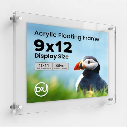 Frameless Floating Acrylic Frame 9x12 - Clear Picture Frame for Diploma, Wall Art, Photo, & Paintings, Heavy Duty Acrylic Floating Frames, Wall-Mounted Picture Frames, Rectangular Photo Holder