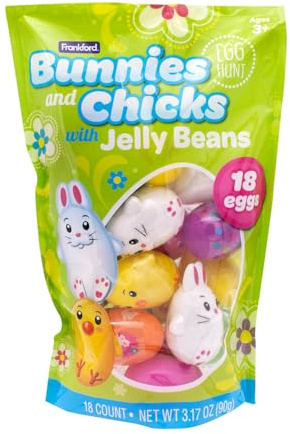 Frankford 18 Count Prefilled Plastic Eggs with Candy Jelly Beans- Assorted Bunnies, Chicks, and Patterned Eggs, Easter Basket Stuffers for Kids Girls Boys