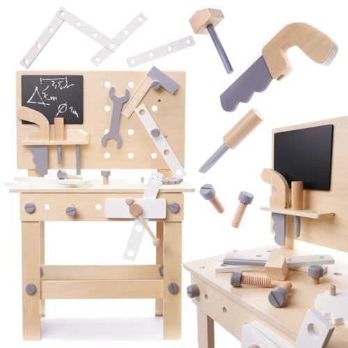 ikonka, DIY Werkbank | Hölzerne Werkstatt mit Werkzeugen auf einem Tisch DIY Set | Praktisches Kreatives Spielzeug mit Zubehör