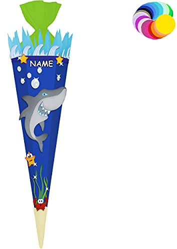 alles-meine.de GmbH Bastelset - Schultüte Farbe & Größe wählbar 70/85 / 100 cm - Hai Fisch - inkl. Name - Farbe frei wählbar - Bastelschultüte - Zuckertüte zum selber Baste..