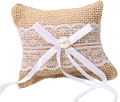 Hoshisea Cuscino per Fedi Nuziali in Tela, Cuscino in Pizzo di Fiori di Iuta, Cuscino per FEDI in Matrimonio, Utilizzato per Accessori da Sposa (Giallo e Bianco)