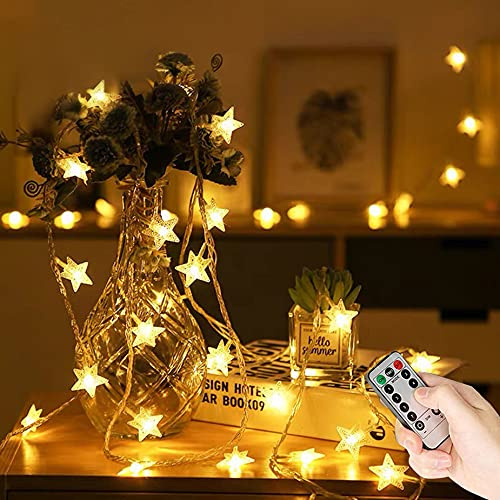 Guirlande Lumineuse Étoiles, 60 LED/7M, Alimentée Par Piles, avec 8 Modes Contrôle à Distance, Lumières Décoration Pour Extérieur/Intérieur Pour Jardin, Chambre, Fête, Mariage, Noël (Blanc Chaud)