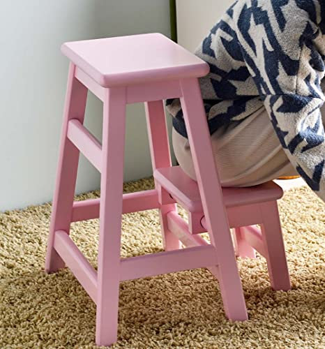 MYEBP 2-Stufen-Hocker Leiterhocker, Massivholz-Klapptritt, Hochbank, Holz-Tritthocker Für Küche, Bibliothek Und Musikzimmer, Naturkautschukholz, Rosa/Gelb/Holzfarbe