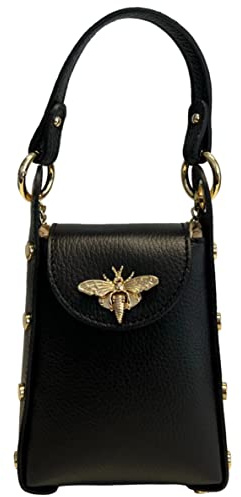 Modarno mini sac en cuir véritable dollar avec fermoir mousqueton en forme d'abeille, clous latéraux, chaîne métallique amovible, poignée en cuir, Noir