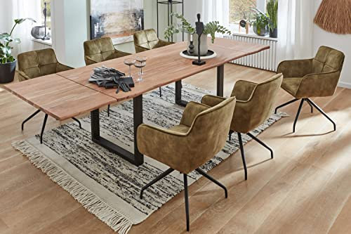 SAM 7tlg. Essgruppe Norina 140 (220) x 90 cm, Akazienholz stonefarben + massiv, Esszimmertisch mit 2 Ansteckplatten, Baumkantentisch mit U-Gestell in Schwarz, 6 x Armlehnstuhl Malaga