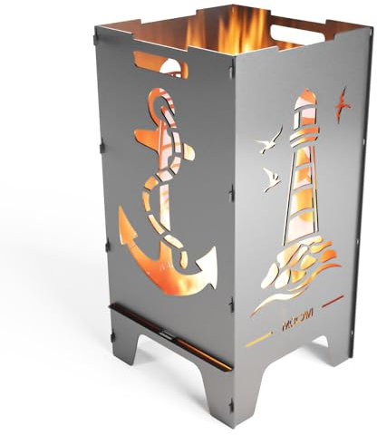 MOCAVI Edelstahl Feuertonne Maritim 73 cm | 3 mm V2A Design-Feuersäule für Garten, Terrasse und Balkon Feuerschale Feuerkorb massiv sicher groß quadratisch Feuerstelle Outdoor faltbar hitzefest