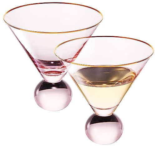 Stemless Blush Pink Martini Glasses | Set of 2 | Unique Bubble Modern Cocktail Glassware, Vintage Muted Colored Stemless Crystal Ball Base, For Martini, Cosmopolitan - (10.5 OZ)