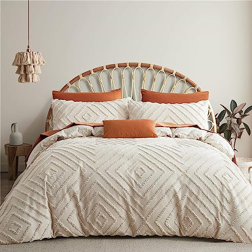 Tospass Beige Bettwäsche 200x200 cm mit Handgemacht Stickerei Bettwäsche Set Vintage Getuftet Boho Bettbezug Shabby Chic Gewaschene Mikrofaser 1 Deckenbezug mit Reißverschluss 2 Kissenbezug 80x80cm