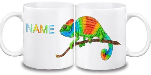 Kinder Tasse personalisiert mit Name, Chamäleon | Farbwahl Tasse, Schriftwahl für Name, Keramik oder Kunststoff
