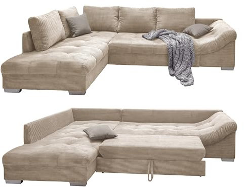 Wunderschönes Cord Ecksofa mit Schlaffunktion, Wellenunterfederung, gemütliches L-Sofa B298/T202/H84 cm, Longchair Ottomane links, Couch mit Cordstoff in Beige, 2 Zierkissen in Grau / 17204