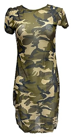 ZUYPSK Robe transparente pour femme - Robe de nuit - Mini robe de plage - Motif camouflage - Manches courtes - Sous-vêtement à col rond - Adorable, camouflage, S