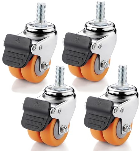 YQOLG87 x4 Trolley Caster Wheel with Brake,Heavy Duty Rubber Swivel Castors,M12 Workbench Replacement Casters,Twin Wheel Non Marking Castors,M12-4brakes