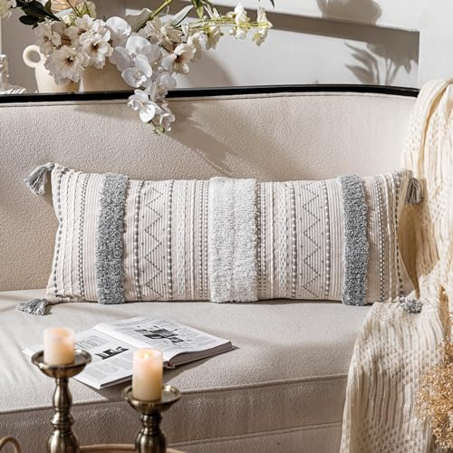 BlissBlush 14x36 Lumbar Pillow Cover for Bed, Rectangular Long Decorative Throw Pillowcase, Boho Accent Cushion with Gray Tufted Pattern and Tassels, Cream Neutral (Cover Only)