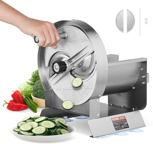VEVOR Trancheuse Manuelle pour Légumes et Fruits, Coupe-Légumes Épaisseur Réglable 0-12 mm, Machine à Trancher les Aliments en Acier Inoxydable avec 2 Lames de Rechange, pour Pomme de Terre, Concombre