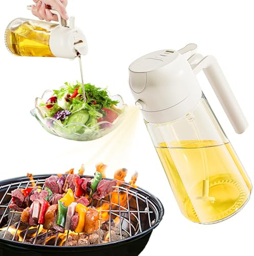 2 in 1 Ölsprüher für Speiseöl, 470 ml Öl-Sprühflasche – ideal für Heißluftfritteuse, Kochen, Grillen, Backen, Salate. Aus lebensmittelechtem Glas, mit tropffreiem Ausguss für sauberes Sprühen.