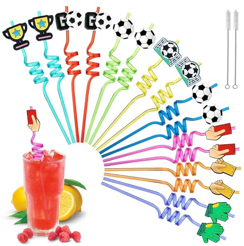 Fußball Deko Geburtstag Kinder,16Stk Fußball Strohhalme Wiederverwendbare | Fußball Kinder Strohhalme Wiederverwendbare mit 2 Reinigungsbürsten,Curly Party Strohhalme, Kindergeburtstag Deko Party