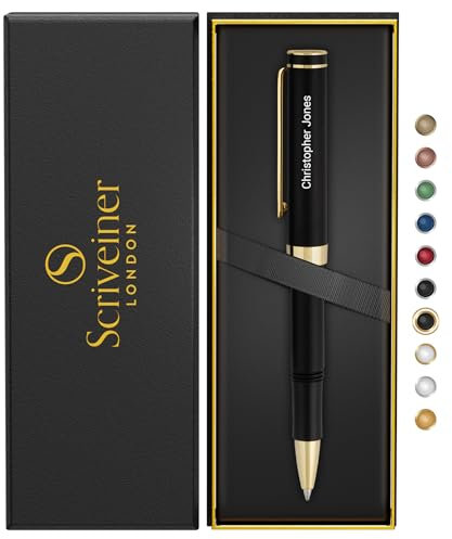 Scriveiner Personalisiert Schwarzer Rollerball EDC Pen, atemberaubender Taschenfüller mit Echtvergoldung Oberfläche, Bestes graviertes Rollerball-Geschenkset für Männer und Frauen