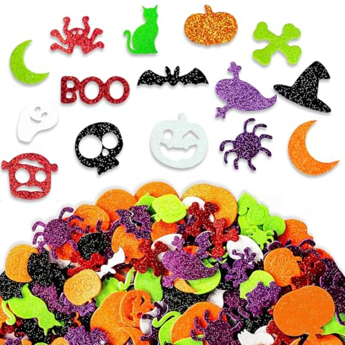 Meleager Halloween Aufkleber, 500 Stück Schaum Sticker, Fledermaus Spinne Kürbis Selbstklebend Glitzer Aufkleber für DIY Basteln Halloween Deko, Geschenke, Scrapbooking, Einladungskarten