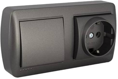 Base Schuko con conmutador ancho, color grafito, serie mural, ideal para instalaciones eléctricas y control de iluminación.