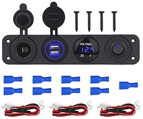 MUEOSI Chargeur Double Prise USB 4,2 A 12 V Voltmètre Allume-Cigare Répartiteur on Off Interrupteur à Bascule Panneau, for Voiture Bateau Marine Tableau électrique(Blue)