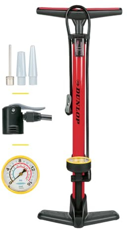 Dunlop cykelpump med tryckmätare – Dunlop, Schrader och Presta ventilpump – cykel- och bilddäckpump inkl. Adaptrar för vattenleksaker och bollar – även för scooterdäck