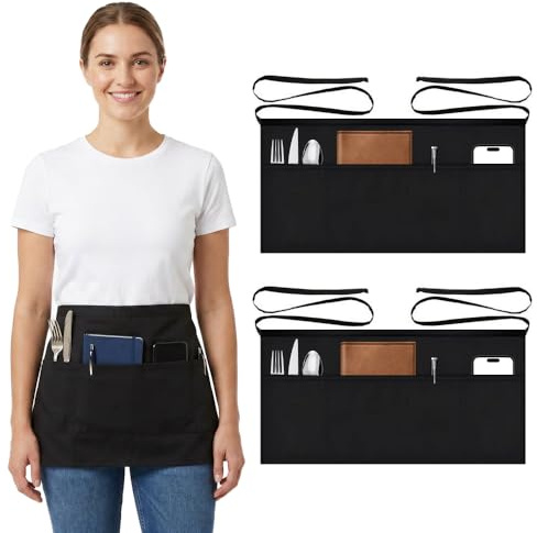 2PCS Waitress Apron, Black Waist Apron Short Half Server Aprons for Waitress Waiter Chef Women Men with 3 Pockets