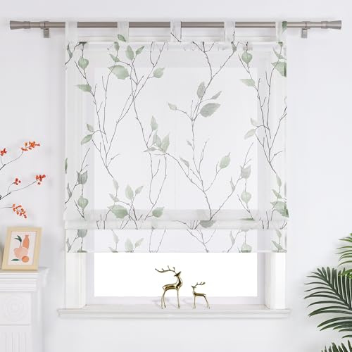Joyswahl Raffrollo mit Schlaufen Landhausstil Raffgardinen Grün 140x140 | Schlaufenrollo Wohnzimmer, Transparent, Blatt- und Blumenmuster, 1er Pack, Fenster Vorhänge Leinenoptik, Fensterrollo innen
