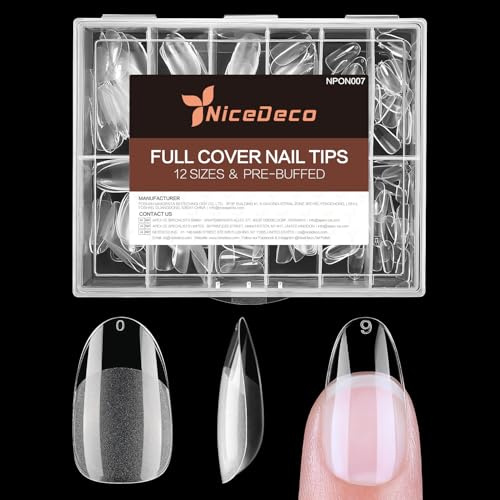 Nicedeco Nageltips für Gelnägel 216 Stück Nageltips Mandel Kurz Full Cover Nail Tips Almond Soft Gel Tips Künstliche Nägel 12 Größen - Almond