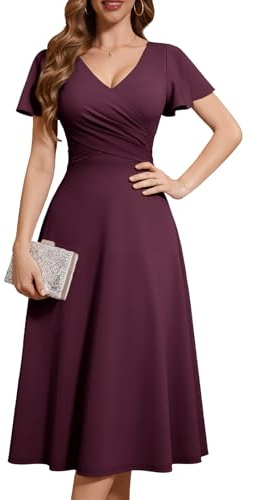 Fynadressr Womens Wedding Guest Party Dress Cocktail Semi Formal Wrap V Neck Short Sleeve A Line Midi Dress with Belt