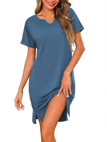 Jahetuul Robe de Nuit Femme Coton Uni Col V Manches Courtes Chauve-Souris Chemise de Nuit Ourlet Fendu Légère et Respirante Style Minimaliste