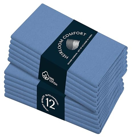 Heirloom Comfort Himmelblaue Stoffservietten, 43 x 43 cm, 100% Baumwolle, wiederverwendbar, weich, maschinenwaschbar, ideal für Frühling, Sommer, Babyparty, Strand, Hochzeit, Empfänge, Geburtstage