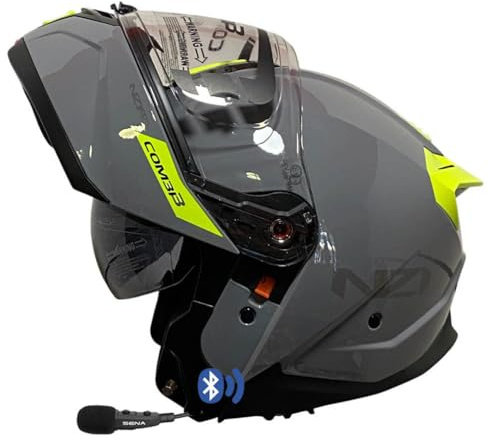 NZI Combi 3 Duo Nouveau Gris Amarillo Intercom Sena - Casco de Moto Modular Abatible Bluetooth Integrado con Visor Solar - Unisex Hombre y Mujer - Homologado P/J ECE 22.06 (M)
