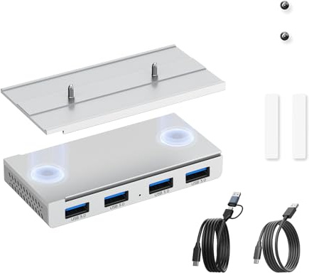 EJAY 4-Port Magnetic USB 3.0 Hub, 5Gbps High-Speed Data Transfer, Includes Sliding Rail, Screws & Sticky Pads for MacBook Laptop PC, Silver