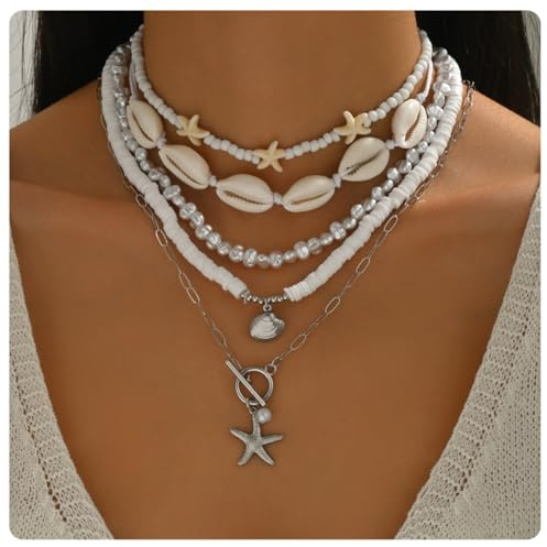 AMateschitz Boho Muschel Choker Halskette Seestern Anhänger Halskette Natürliche Muschel Kette Sommer Strand Muschelkette Ethno Perlenkette Samen Perlen Kette für Fasching Strandparty Silber