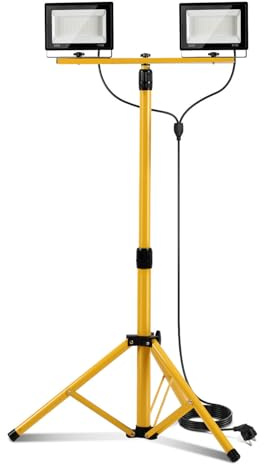 Peviasot Projecteur de chantier LED 2 x 50 W avec trépied réglable 6500 K blanc froid Lampe de chantier pour l'intérieur et l'extérieur IP66 avec câble de 3 m pour chantier, atelier, cave