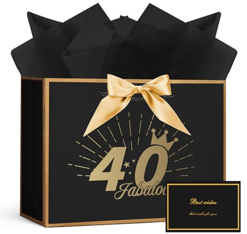 AOOSU Geschenktüte 40 Geburtstag, Papier Geschenktüten mit Schleife+1 Grußkarten+3 Seidenpapier, Schwarz Geschenktaschen Frauen Männer 40th Birthday Gift Bag, Geschenkverpackung für Geschenk Jahrestag