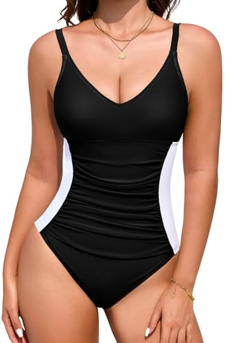 Vijamiy Costume Intero Donna Controllo Addominale Sexy Scollo a V Costumi da Bagno Imbottito Push Up Colori Contrastanti in Vita Swimsuit Piscina Spiaggia (Nero,XL)