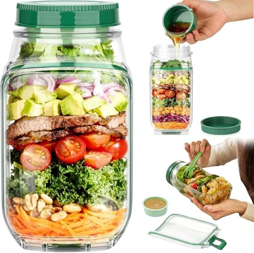 Salad Pod, 300mL Salad Container for Lunch with Dressing Container, Leakproof Salads Jars with Lids Meal Prep, Wet Dry Separation Vertical Layering Lunchable Containers with Measurement Marks (1PC)