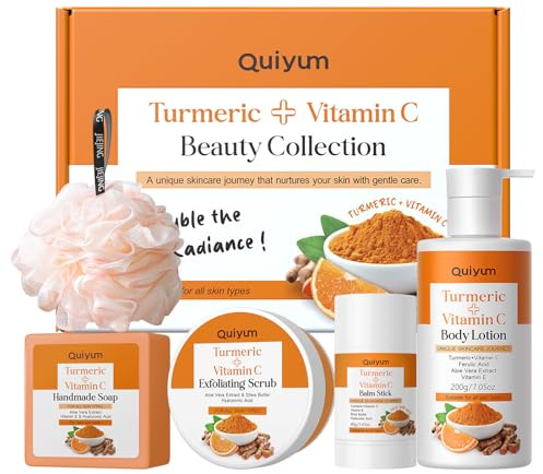 QUIYUM Coffret cadeau de soins corporels au curcuma et à la vitamine C | coffret 4 en 1 avec éponge de bain offerte | exfoliant et hydratant pour tous les types de peau
