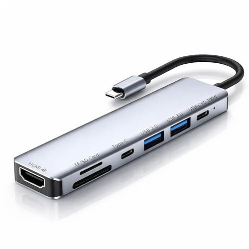 Hub USB-C 7 in 1, adattatore multiporta per MacBook Pro/Air, HDMI 4K, funzione di ricarica PD da 100 W, USB 3.0 e USB 2.0, lettore di schede SD/TF, dock in alluminio di tipo C per Chromebook, Dell, HP