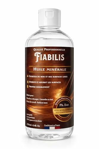 Fiabilis Huile Minérale Alimentaire 250ml, Huile Planche à Découper Bois, Billot & Ustensiles Cuisine, Plan de Travail, Protection Hydratante, Sans Odeur, Incolore, Qualité Alimentaire