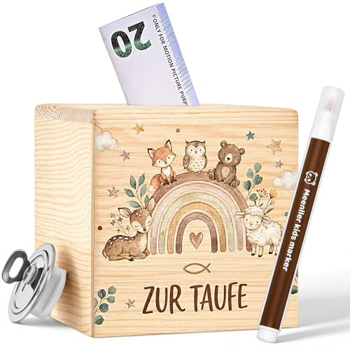 Jadive Spardose Holz mit Schlüssel und Marker 10 x 10 cm Holzspardose Personalisiert Taufgeschenk für Mädchen/Jungen Taufspardose zur Geburt Einschulung