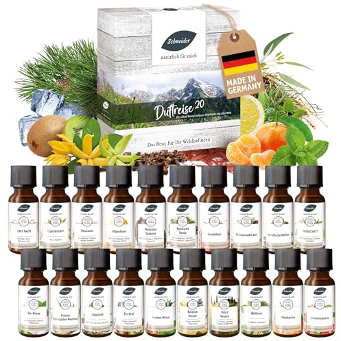 Saunabedarf Schneider Sauna Aufguss Set „Duftreise 20“: 20 x 20 ml, naturreine ätherische Öle, vielfältige Duftkompositionen aus aller Welt, Saunaaufguss Set Wellnessmomente & Abwechslung