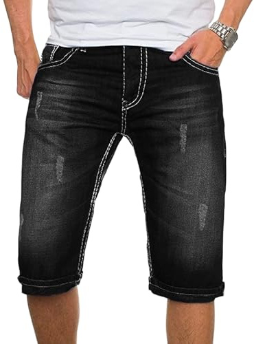 Pantalones cortos de mezclilla ajustados para hombre, rasgados, elásticos, de verano, casuales, hasta la rodilla, desgastados, ajustados