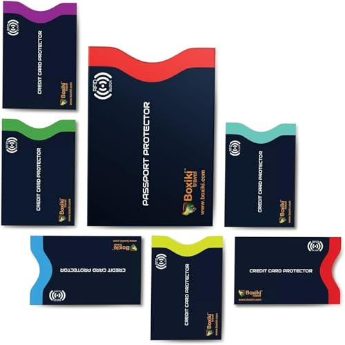 Boxiki Travel Protezione Carte Credito RFID 7 Pezzi, Custodie Blocco RFID per Carte e Passaporto, Porta Bancomat Schermato Antifurto Elettronico, Set Proteggi Carte Resistente all'Acqua per Viaggio