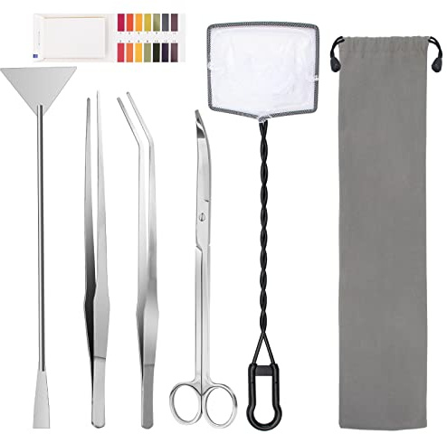 Luxiv Aquarium Aquascape Tools Kit, 6 in 1 A Aquatic Plant Aquascaping Tool Stainless Steel Tweezers Scissors Spatula for Aquarium Tank Clean Aquascape Tools with Fishing Net, 80P PH Paper