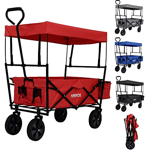 Arebos Bollervagn med tak | Transportvagn | 2x nätfickor och 1x ytterficka | Hopfällbar | Massiva däck | lastkapacitet upp till 70 kg | 360° svängbara framhjul | Röd