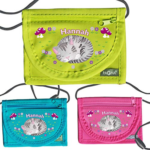 MissRompy Brustbeutel Katze mit Name und Sicherheitsverschluss Umhängebeutel Portemonnaie aus Nylon für Kinder