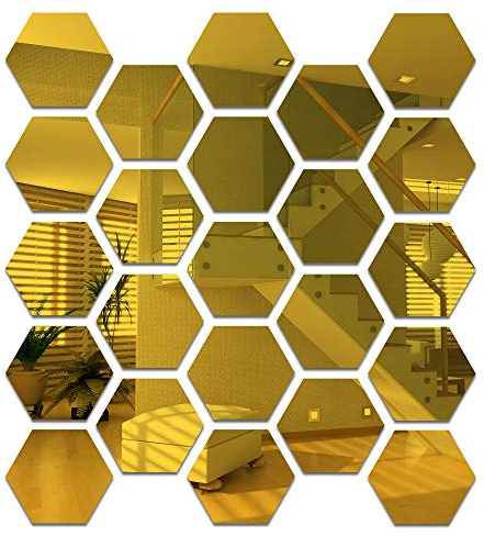 24 Stück Sechseckige Acryl-Spiegel, Wanddekoration, Spiegel, selbstklebend, ästhetische Fliesen, für Schlafzimmer, Wohnzimmer (2,5 Zoll/6,3 cm/Gold)